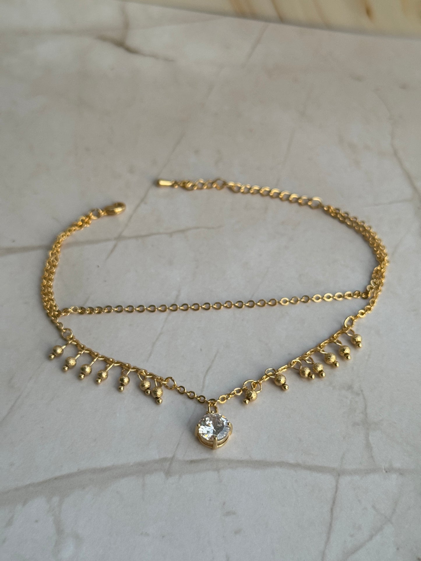 Gold Anklet – Double Layer Chain with Bead Charms & CZ Crystal