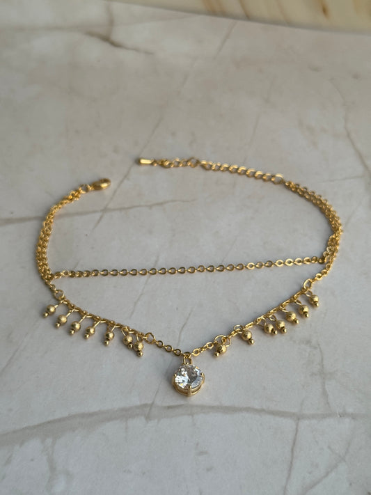 Gold Anklet – Double Layer Chain with Bead Charms & CZ Crystal