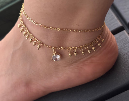 Gold Anklet – Double Layer Chain with Bead Charms & CZ Crystal