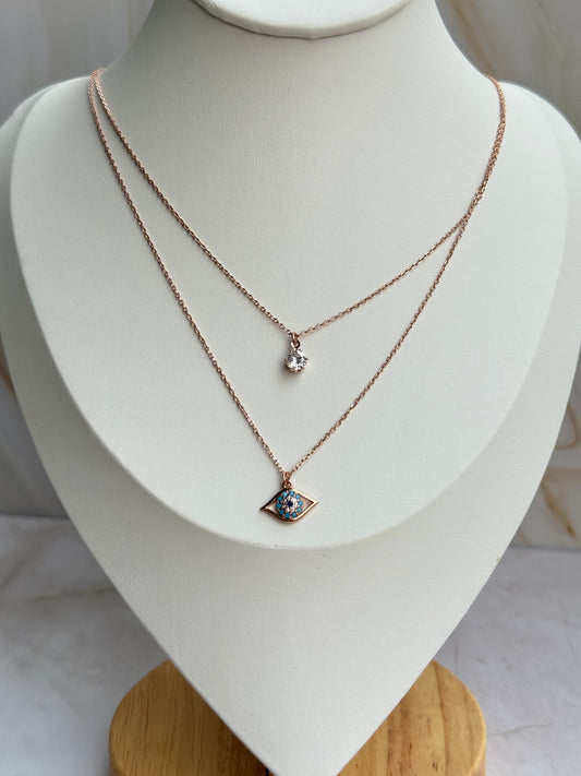 Rose Gold Evil Eye Layered Necklace – Double Chain with CZ Drop