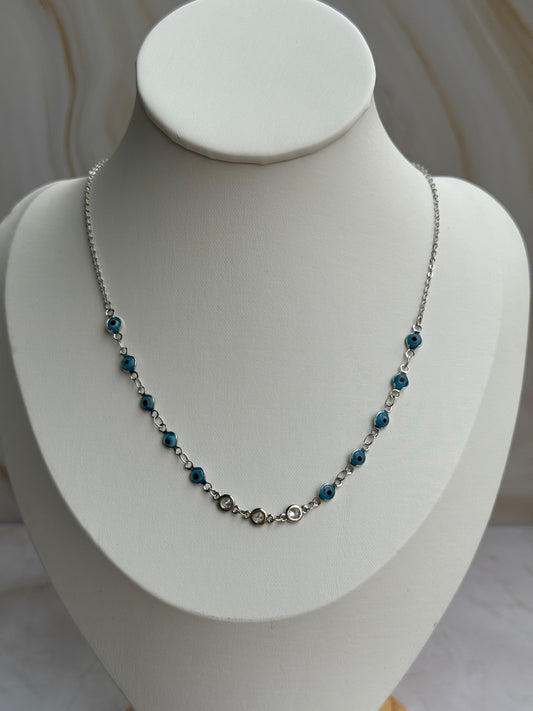 Silver Blue Evil Eye Beaded Necklace