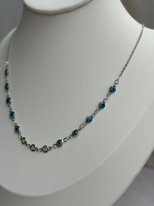 Silver Blue Evil Eye Beaded Necklace