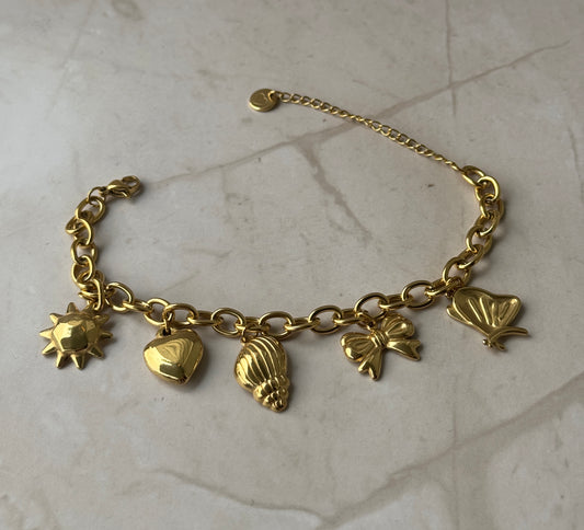 Gold Charm Bracelet 18K Gold Plated – Sun, Heart, Shell, Butterfly