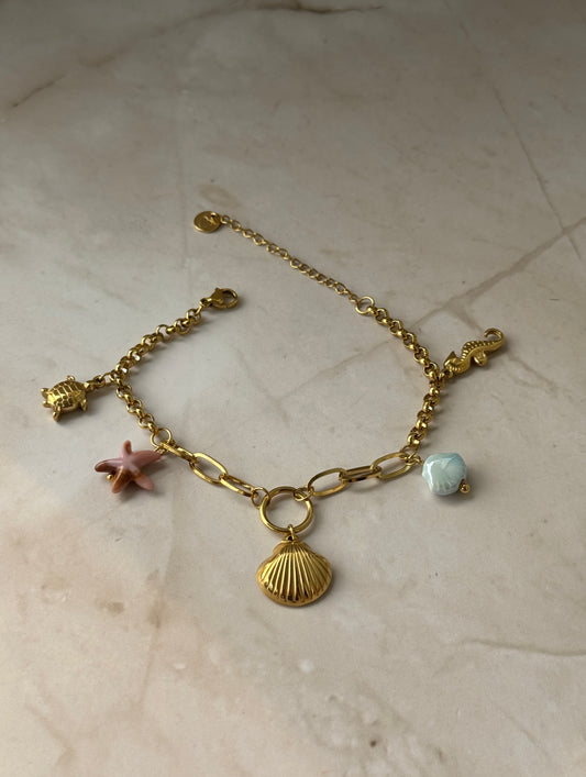 Ocean Charm Bracelet 18K Gold Plated – Shell, Starfish, Turtle, Seahorse & Gemstone