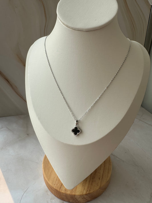 Black Clover Pendant Necklace – Sterling Silver with Zirconia Border