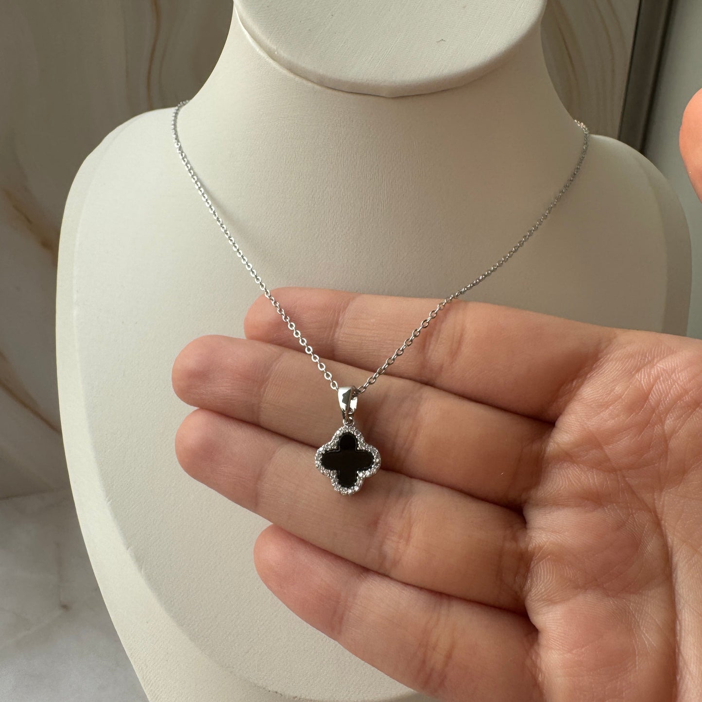 Black Clover Pendant Necklace – Sterling Silver with Zirconia Border