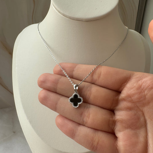 Black Clover Pendant Necklace – Sterling Silver with Zirconia Border