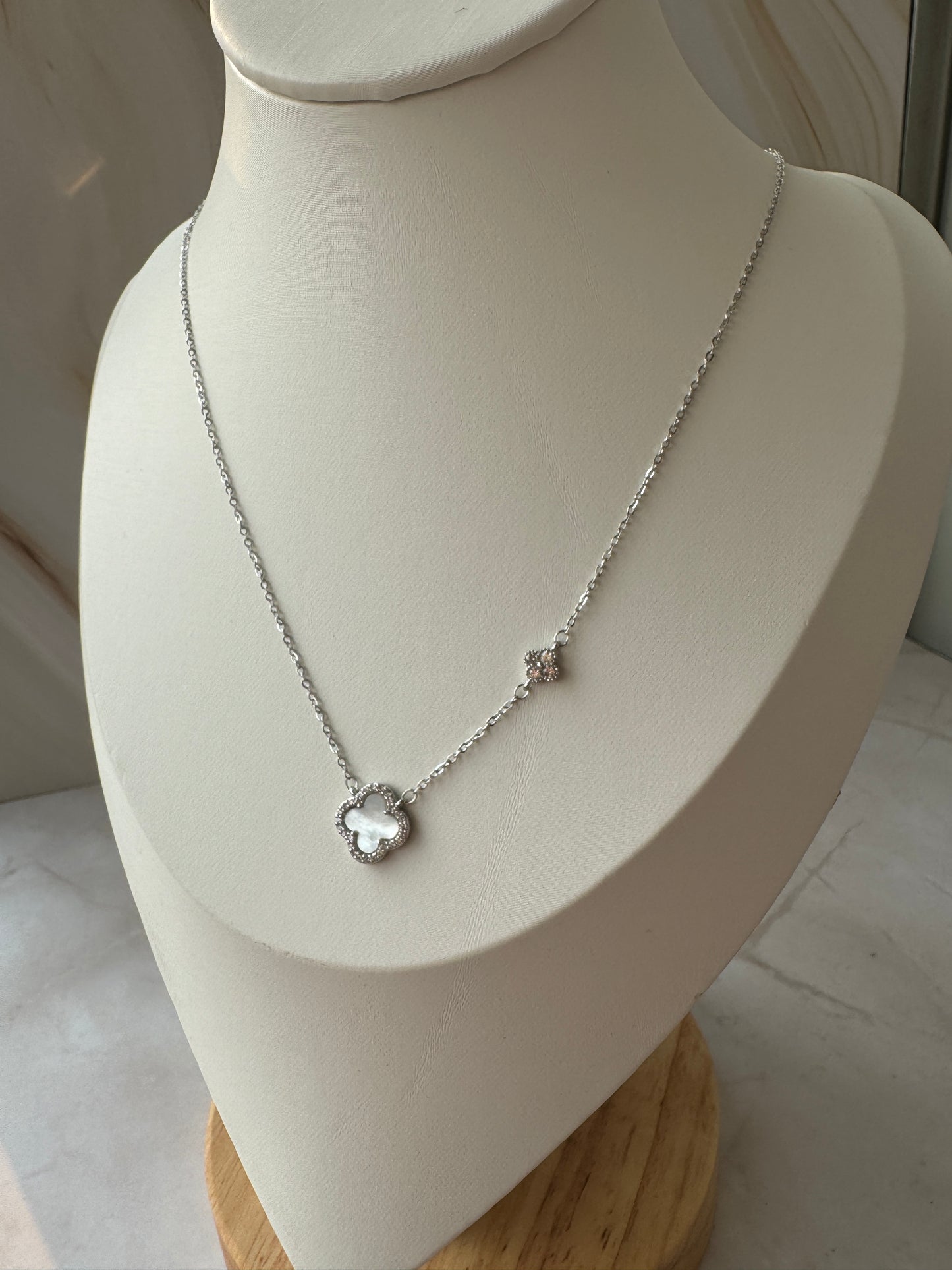Silver Clover Pendant Necklace – Silver Chain with CZ Border