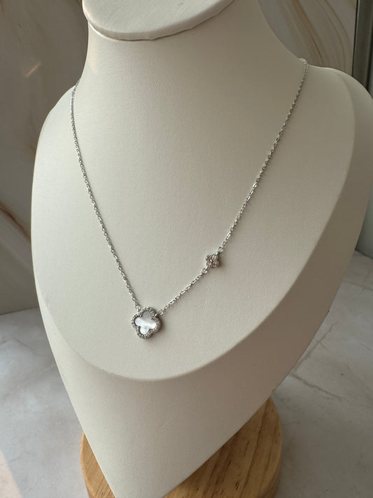 Silver Clover Pendant Necklace – Silver Chain with CZ Border