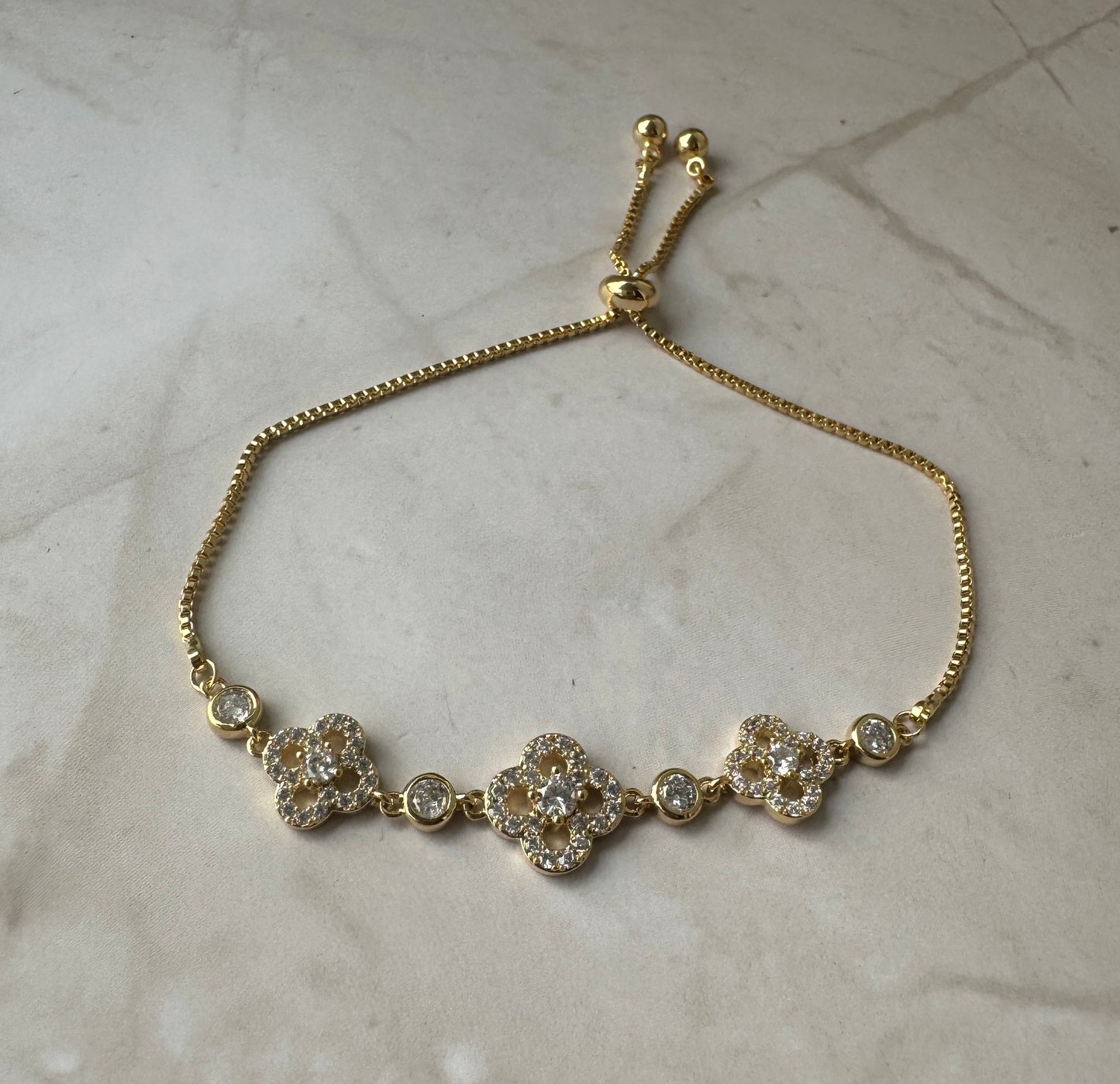 Clover CZ Bracelet 18K Gold Plated – Adjustable Pave Crystal Bracelet