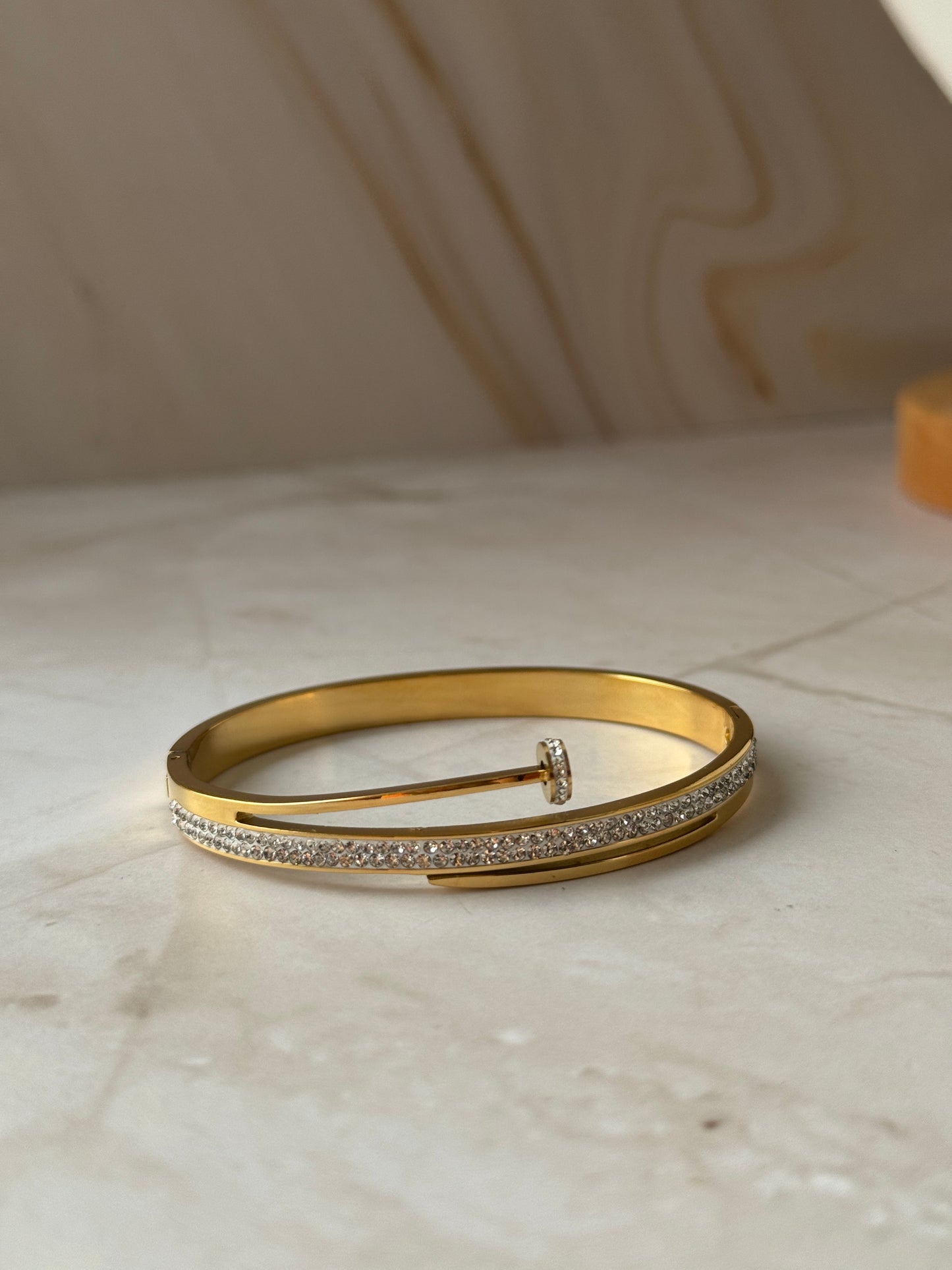 Gold Pavé Nail Bangle – CZ Diamond Cuff Bracelet for Women