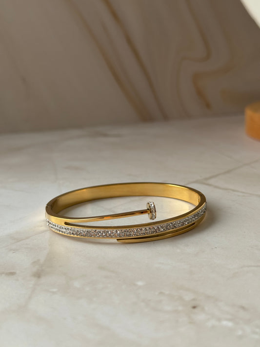 Gold Pavé Nail Bangle – CZ Diamond Cuff Bracelet for Women