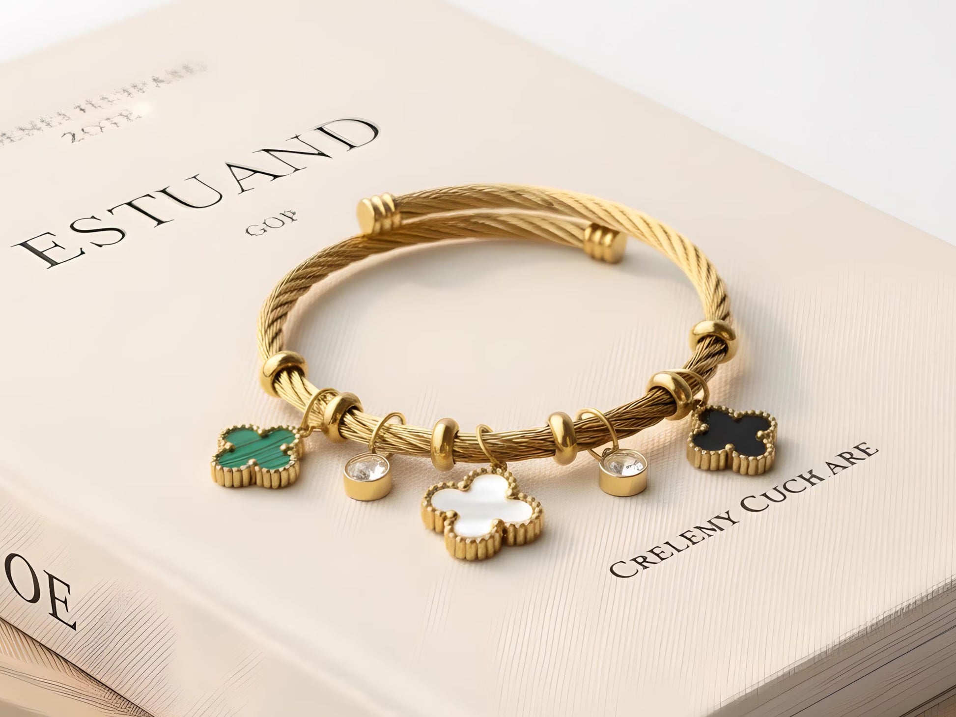 18K Gold Clover Bracelet: Enamel & Zircon Cable Bangle AurviJewelry