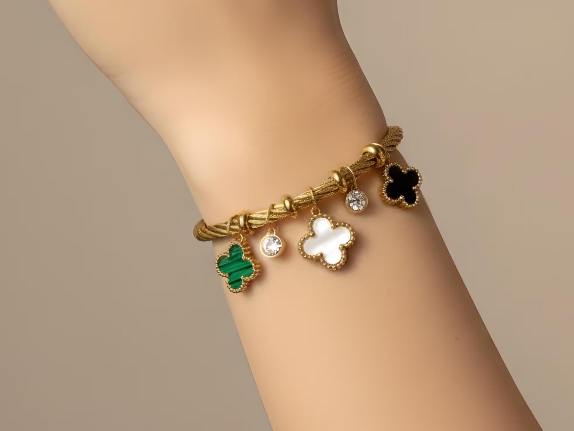 18K Gold Clover Bracelet: Enamel & Zircon Cable Bangle AurviJewelry